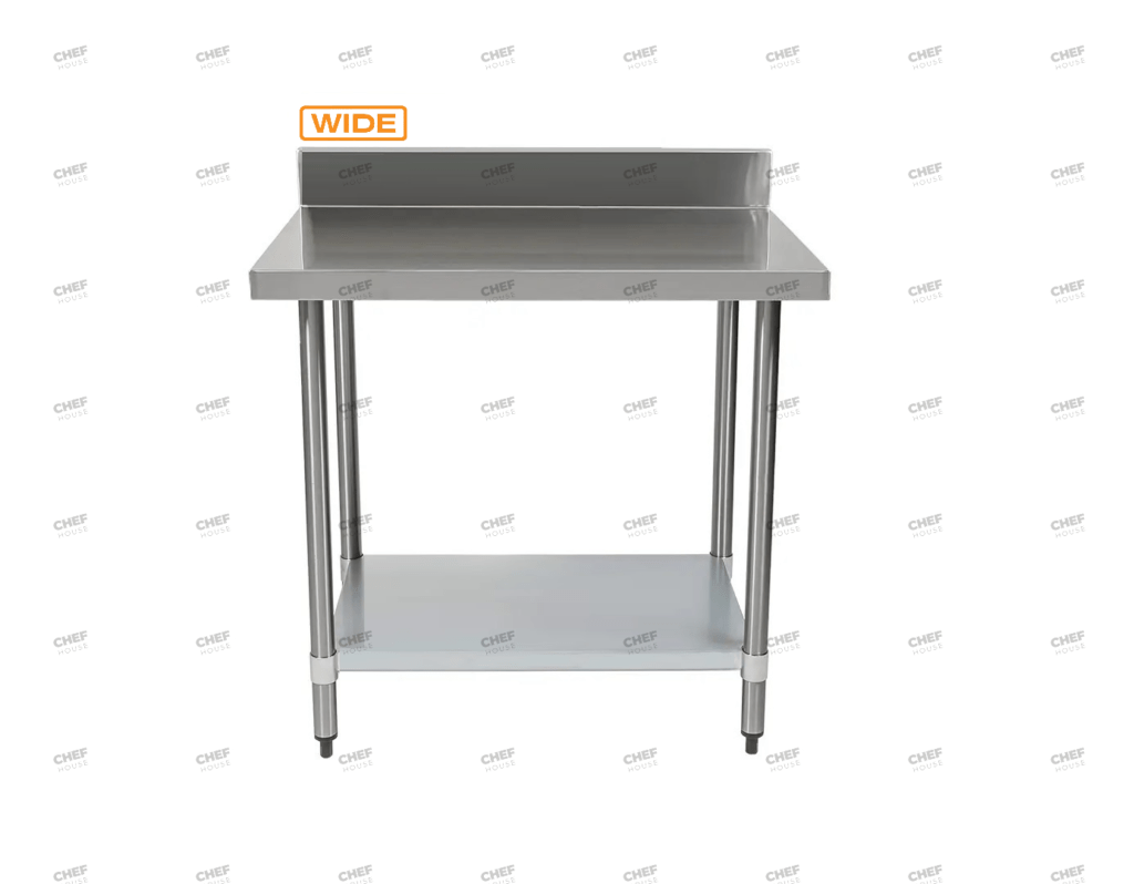 Commercial Stainless Steel Wide Splashback Bench, 1200x800 x 900mm High