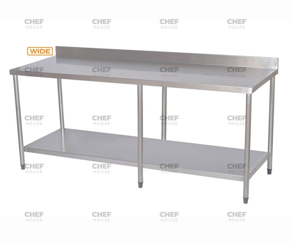 Commercial Stainless Steel Wide Splashback Bench, 2400x800 x 900mm High