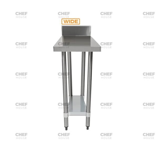 Commercial Stainless Steel Wide Splashback Bench, 600x800 x 900mm High