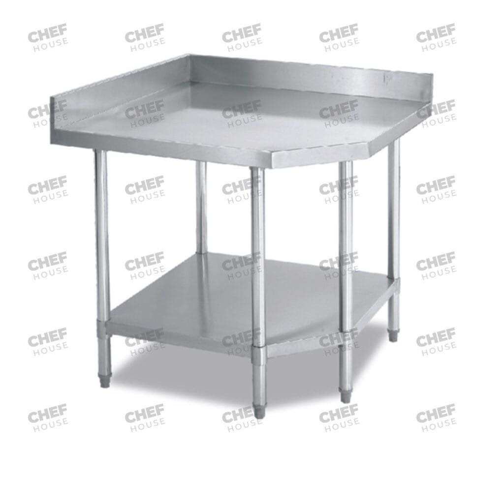 Commercial Stainless Steel Pentagon Corner 610mm Bench, 100mm Splashback, 900x900 x 900mm High
