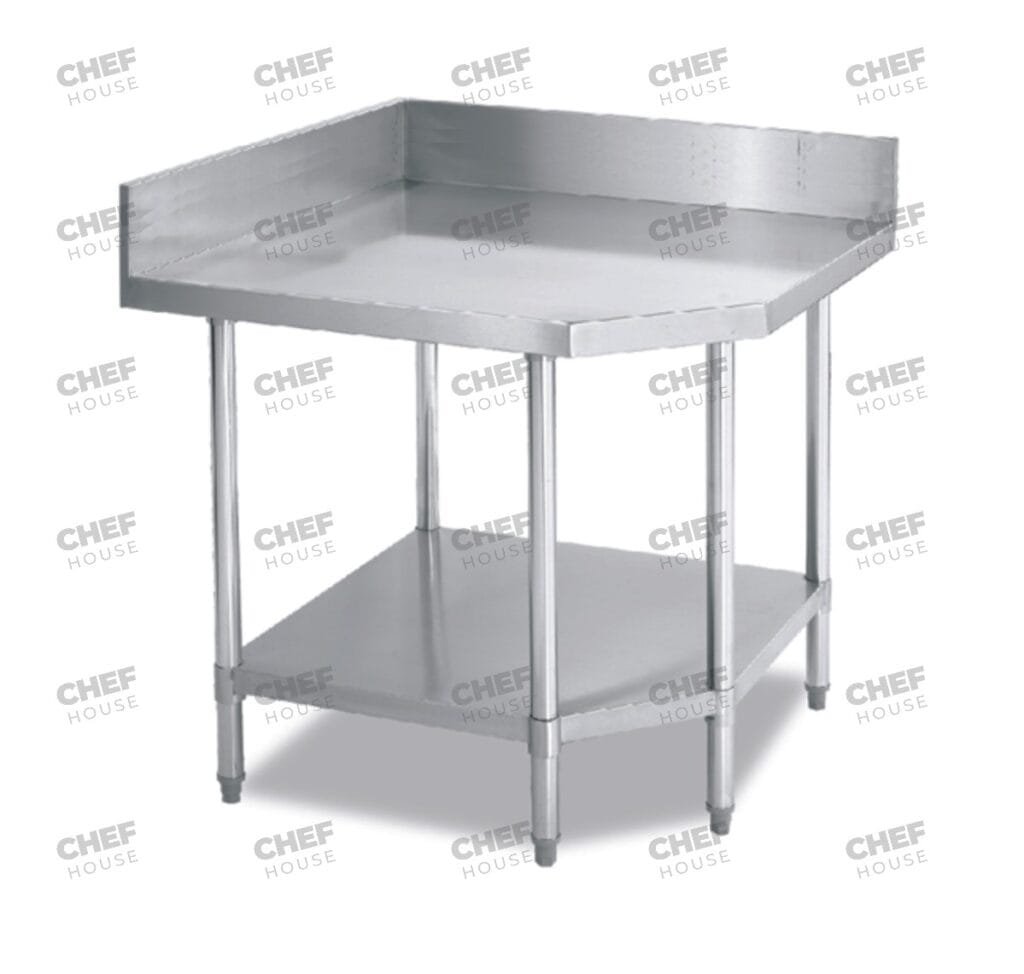 Commercial Stainless Steel Pentagon Corner 600mm Bench, 100mm Splashback, 700x700 x 900mm High