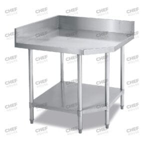 Commercial Full Stainless Steel Pentagon Corner 700mm Splashback Bench, 600x600 x 900mm High