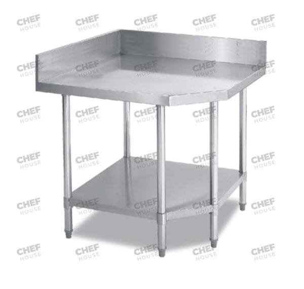 Commercial Stainless Steel Pentagon Corner 810mm Splashback Bench, 610x610 x 900mm High