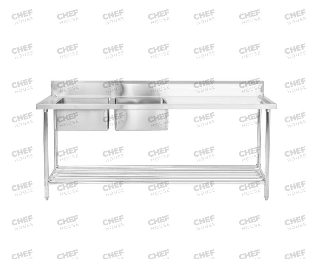 Double Left Bowl Stainless Steel Sink Bench, 2100x600 x 900mm high