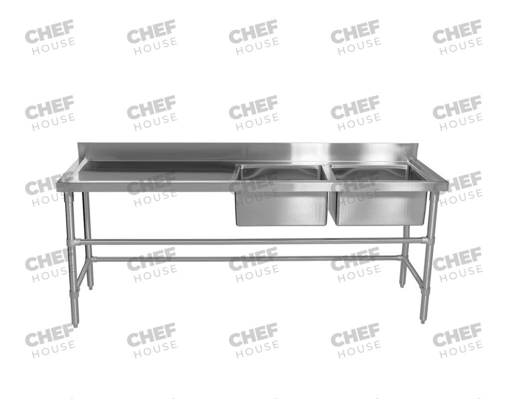 Double Right Bowl Stainless Steel Sink Bench, 2100x600 x 900mm high