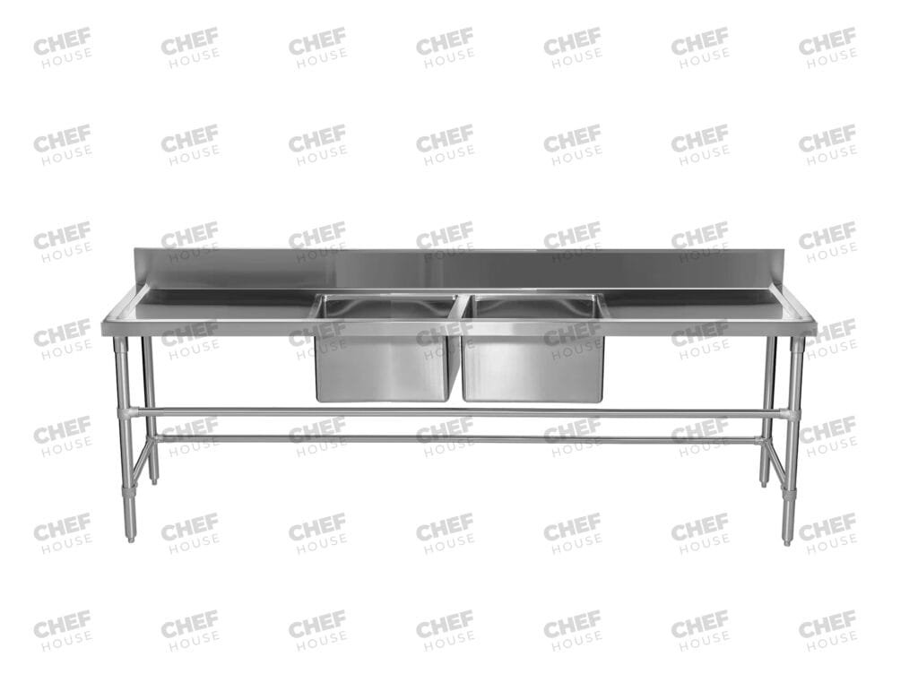 Double Middle/Centre Bowl Stainless Steel Restaurant Sink Bench, 2590x700 x 900mm high