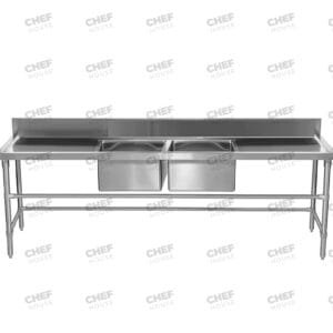 Double Middle/Centre Bowl Stainless Steel Restaurant Sink Bench, 2590x700 x 900mm high