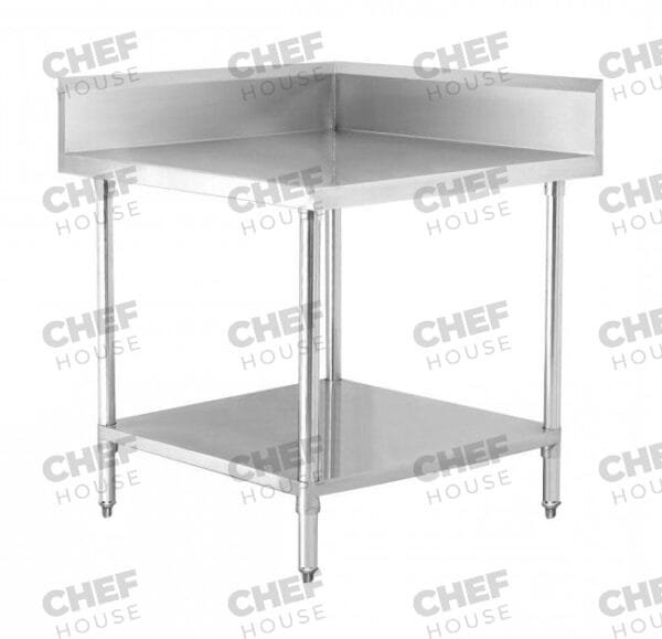 Commercial Stainless Steel Square Corner 700mm Splashback Bench, 700x700 x 900mm High