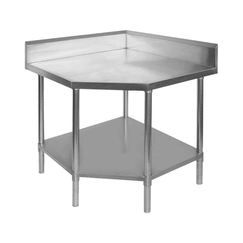 Commercial Stainless Steel Pentagon Corner 600mm Bench, 100mm Splashback, 900x900 x 900mm High