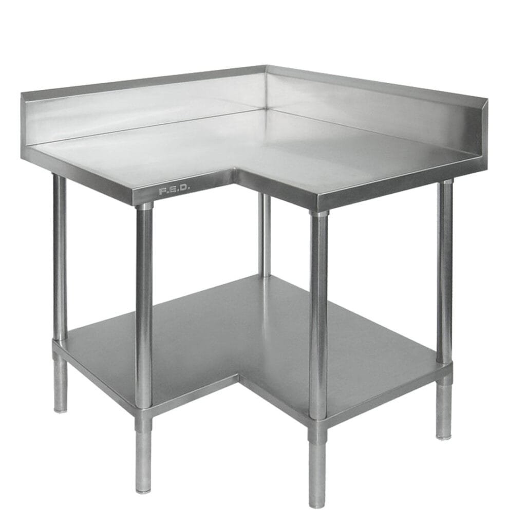 Commercial Stainless Steel L-Shape Corner 600mm Bench, 100mm Splashback, 900×900 x 900mm High