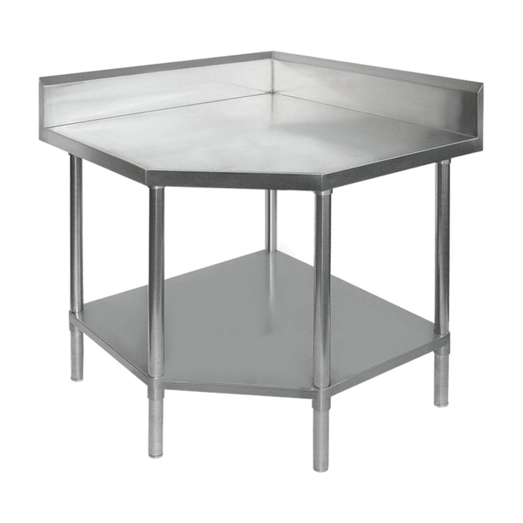 Commercial Stainless Steel Pentagon Corner 700mm Bench, 100mm Splashback, 900x900 x 900mm High