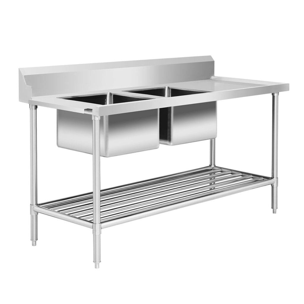 Double Left Bowl Stainless Steel Dishwasher Sink Bench, Left Inlet, 1800×700 x 900mm High