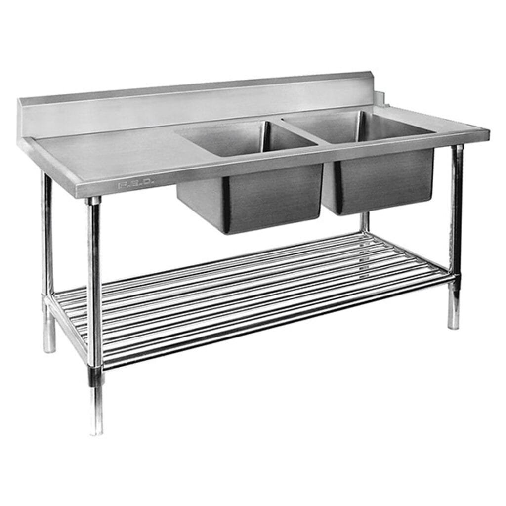 Double Right Bowl Stainless Steel Dishwasher Sink Bench, Right Inlet, 1800×700 x 900mm High