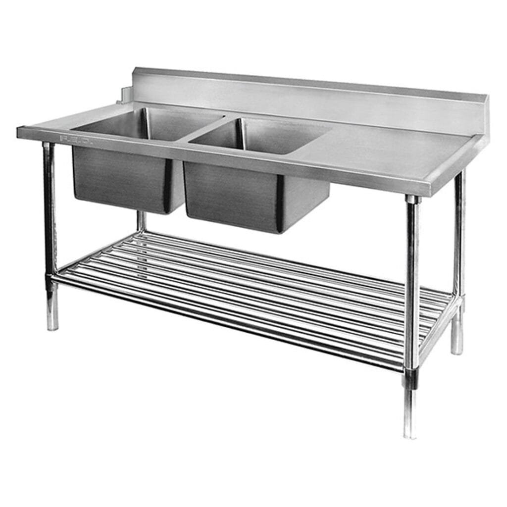 Double Left Bowl Stainless Steel Dishwasher Sink Bench, Left Inlet, 2400×700 x 900mm High