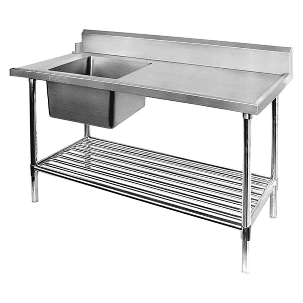 Single Left Bowl Stainless Steel Dishwasher Sink Bench, Left Inlet, 1800×700 x 900mm High