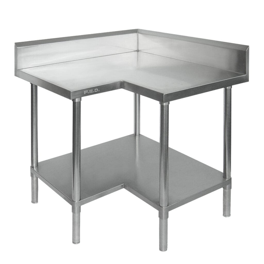Commercial Stainless Steel L-Shape Corner 700mm Bench, 150mm Splashback, 900x900 x 900mm High
