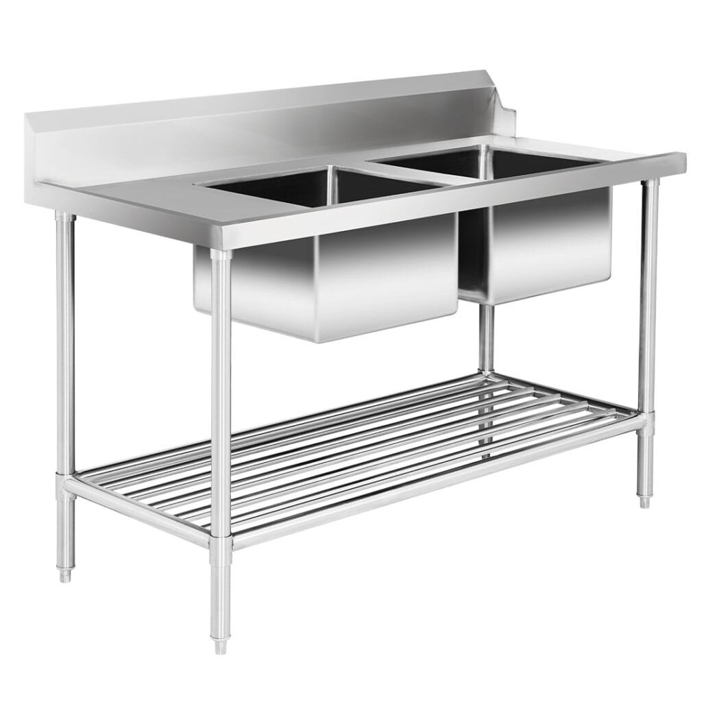 Double Right Bowl Stainless Steel Dishwasher Sink Bench, Right Inlet, 1500×700 x 900mm High
